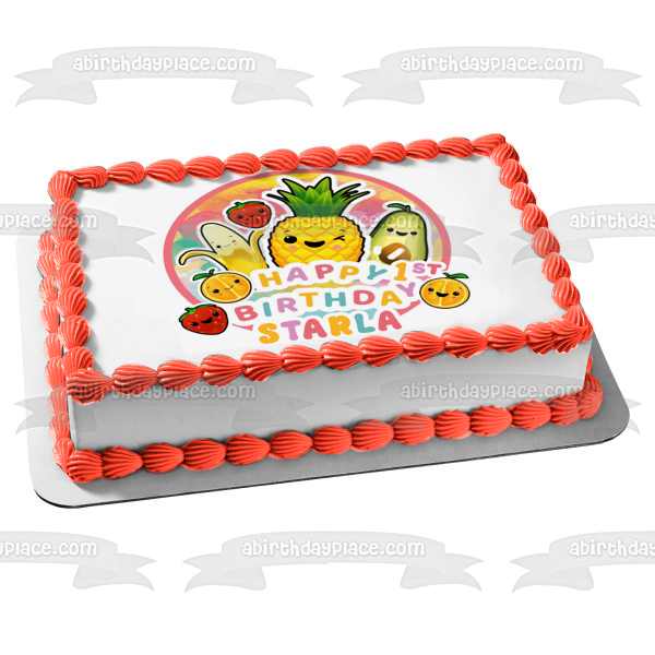 Happy Fruits Happy Birthday Pineapple Banana Strawberry and an Orange Edible Cake Topper Image ABPID56507