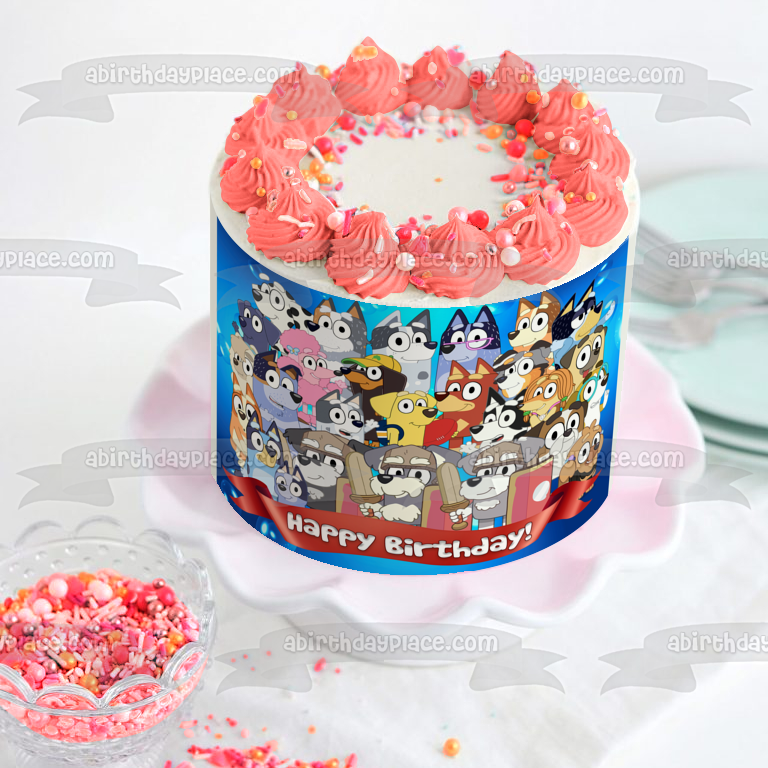 Bluey Cast Happy Birthday Banner Bandit Chilli Mrs. Retreiver Aunt Trixie Heeler Edible Cake Topper Image ABPID54026