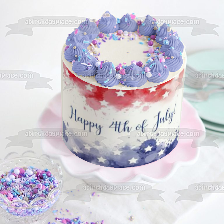 Happy 4th of July Independence Day White Stars Edible Cake Topper Image ABPID54055