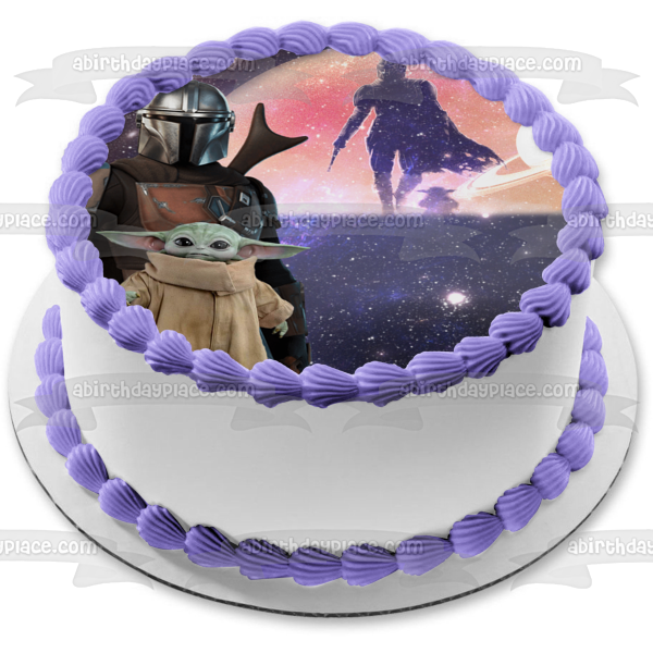 The Mandalorian and the Child Grogu Sunset Photo Frame Edible Cake Topper Image ABPID56530