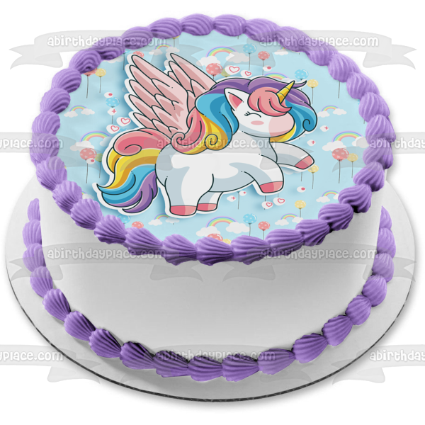 Rainbow Unicorn Pegasus Cartoon Birthday Party Edible Cake Topper Image ABPID56555