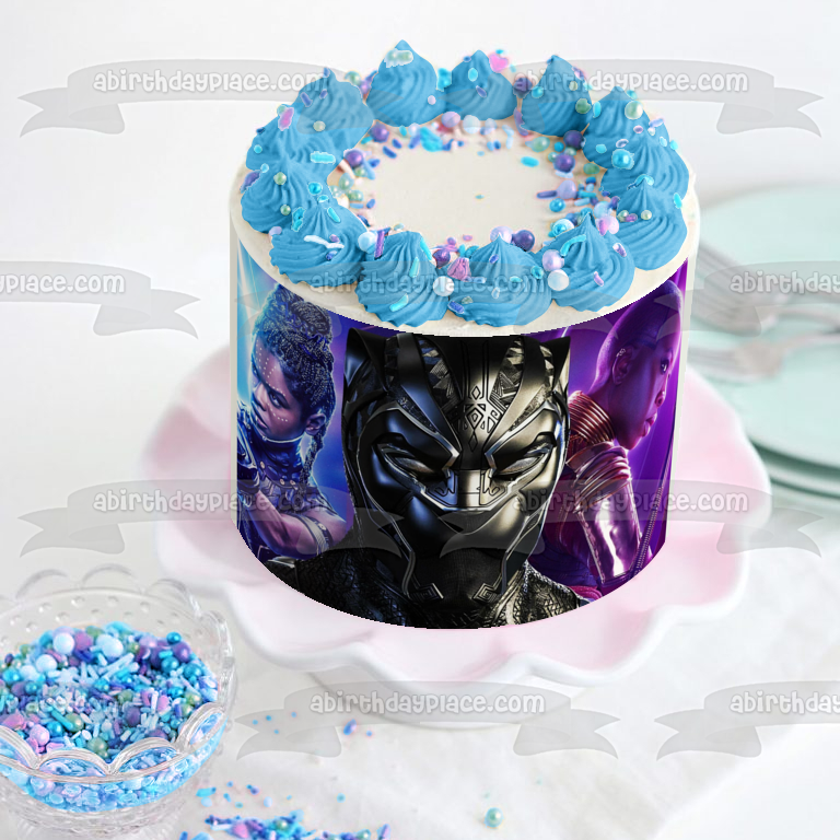 Black Panther 2 Shuri Nakia Okoye Decoración comestible para tarta azul y morado Imagen ABPID56565