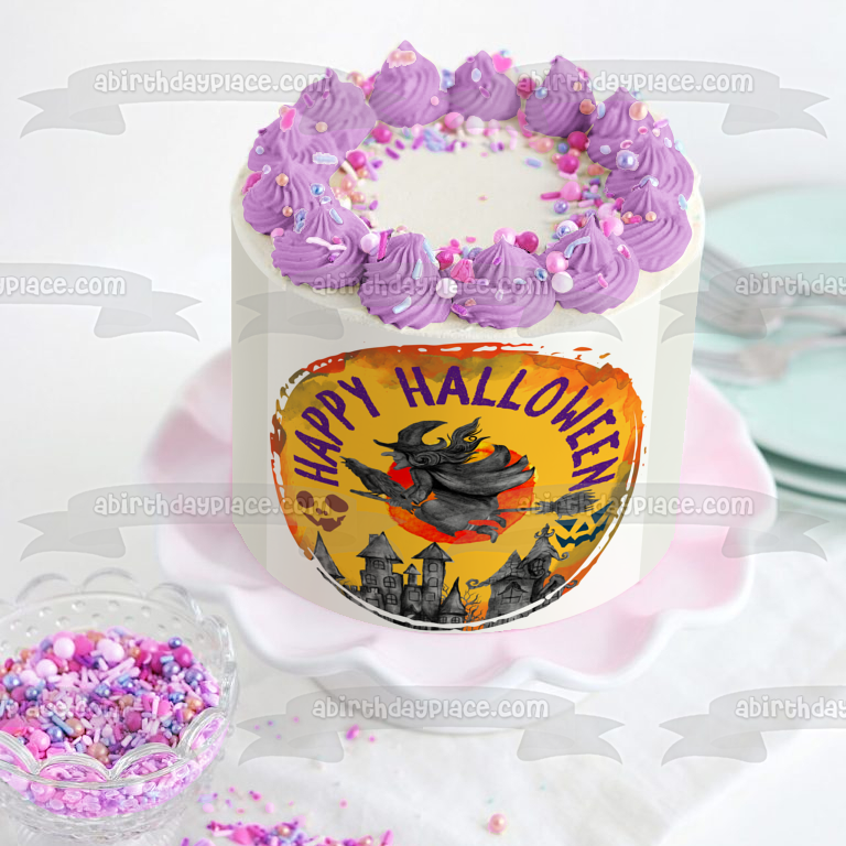 Happy Halloween Witch Flying on a Raven Over a Town Edible Cake Topper Image ABPID56599
