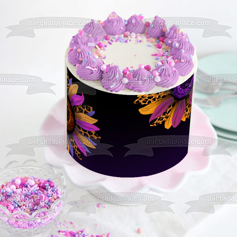 Cheetah Leopard Print Sunflowers Stylized for Halloween or Fall Edible Cake Topper Image ABPID56669