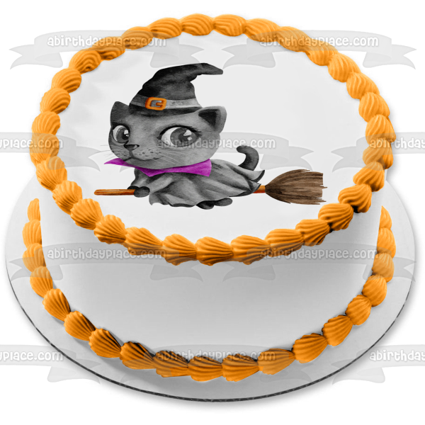 Feliz Halloween Bruja Gato en una Escoba Ilustración en acuarela Imagen comestible para decoración de tarta ABPID56652