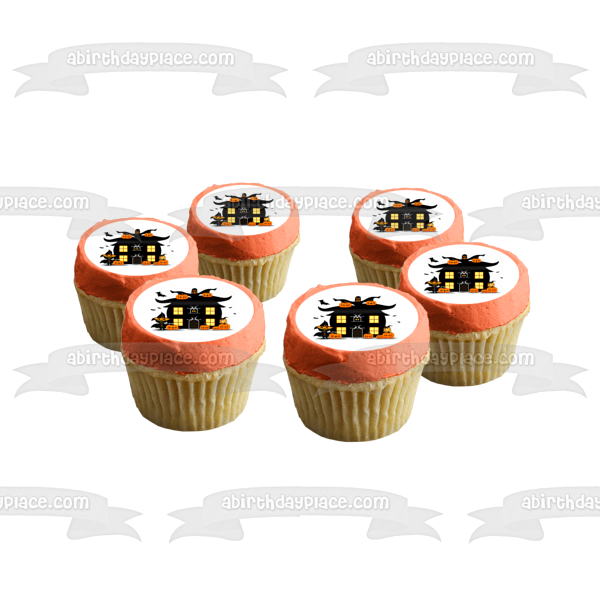 Happy Halloween Haunted House Pumpkins and Bats Edible Cake Topper Image ABPID56711