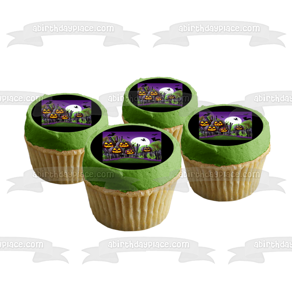Happy Halloween Scary Pumpkins and Bats In Front of the Moon Edible Cake Topper Image ABPID56719