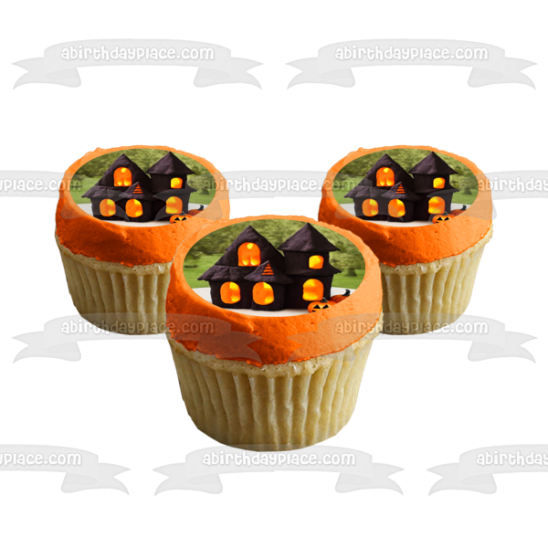 Feliz Halloween Calabazas y una casa encantada Imagen de adorno comestible para pastel ABPID56713