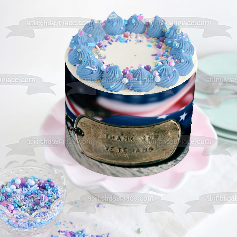 Gracias veteranos etiqueta de identificación militar bandera estadounidense decoración comestible para tarta imagen ABPID56760