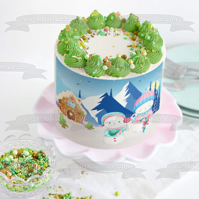 Gingerbread House Snowmen Cookie Christmas Tree Candy Winter Edible Cake Topper Image ABPID56812