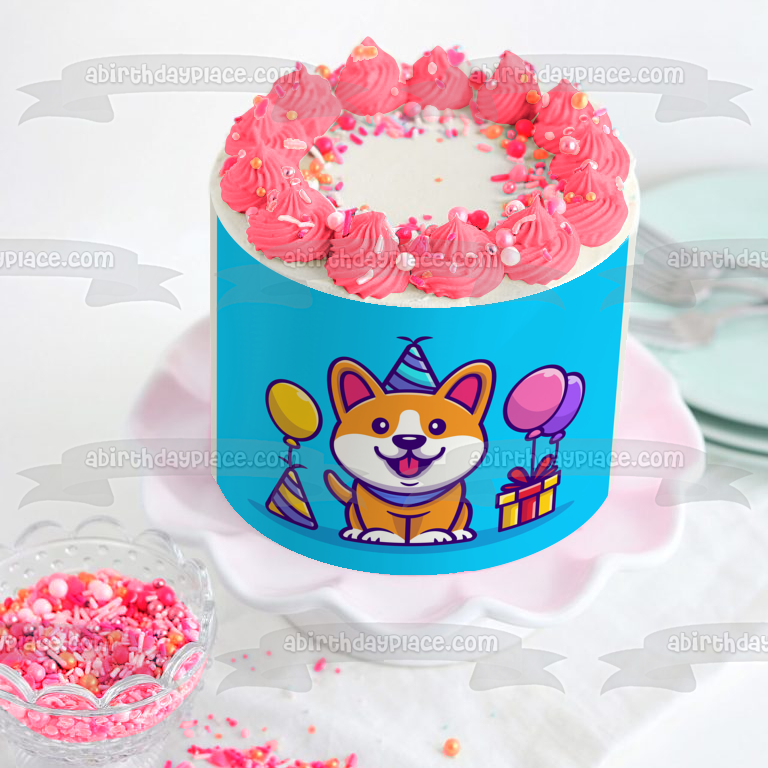 Party Corgi Illustration Cartoon Dog Puppy Canine Edible Cake Topper Image ABPID56856