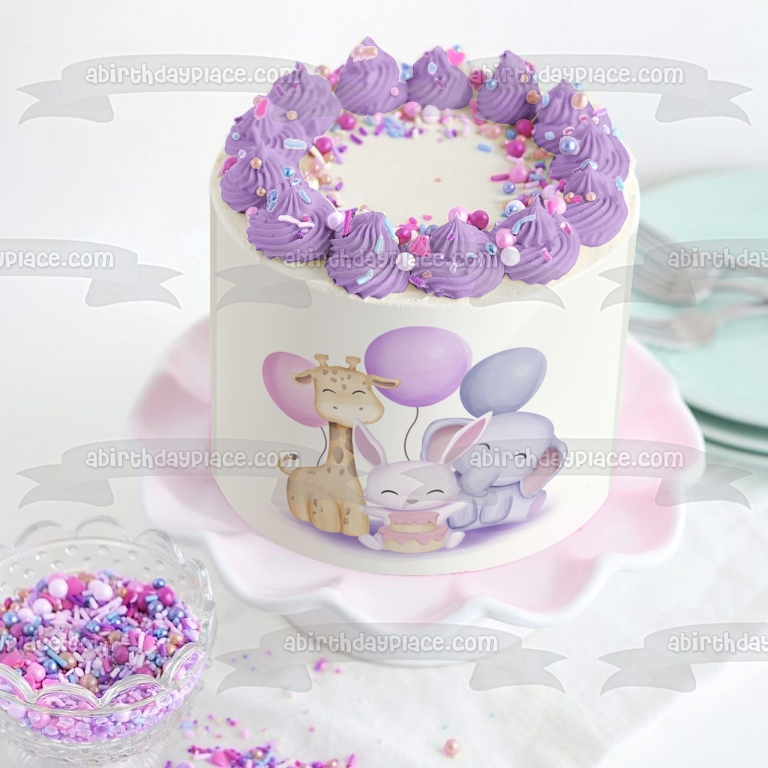 Pastel Animals Party Customizable Age Balloon Giraffe Bunny Rabbit Elephant Edible Cake Topper Image ABPID56858
