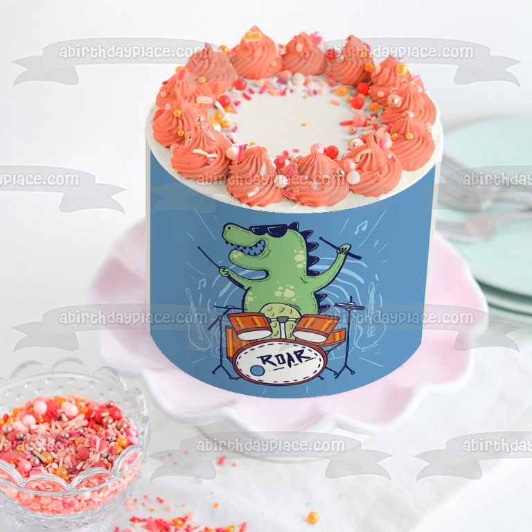 Rockosaurus Rex baterista banda de rock dinosaurio tiranosaurio T-Rex ilustración de dibujos animados decoración comestible para tarta imagen ABPID56861