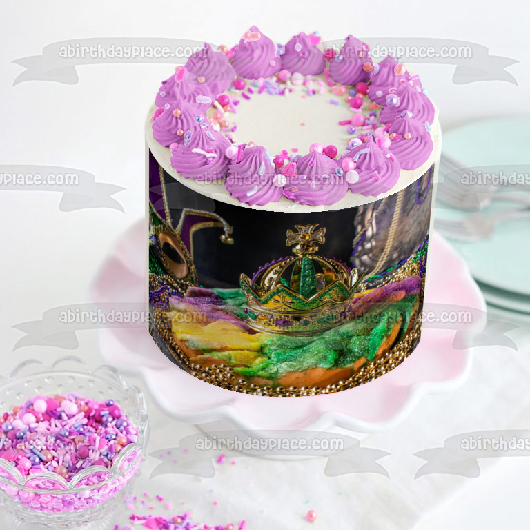 Happy Mardi Gras - Adorno comestible para tarta con corona y máscara facial, cuentas coloridas, imagen ABPID57028