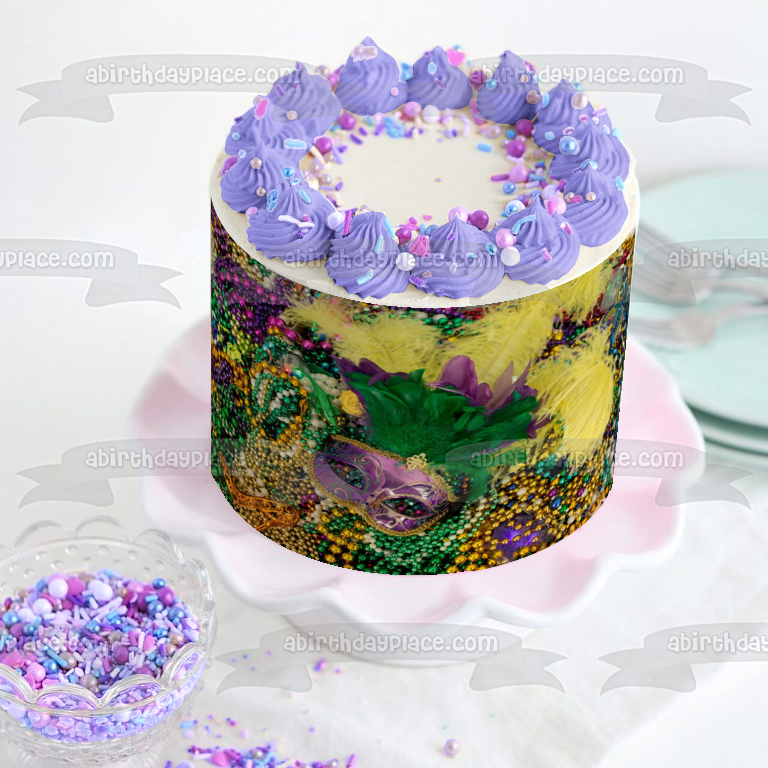 Happy Mardi Gras Colorful Mask and Beads Edible Cake Topper Image ABPID57029