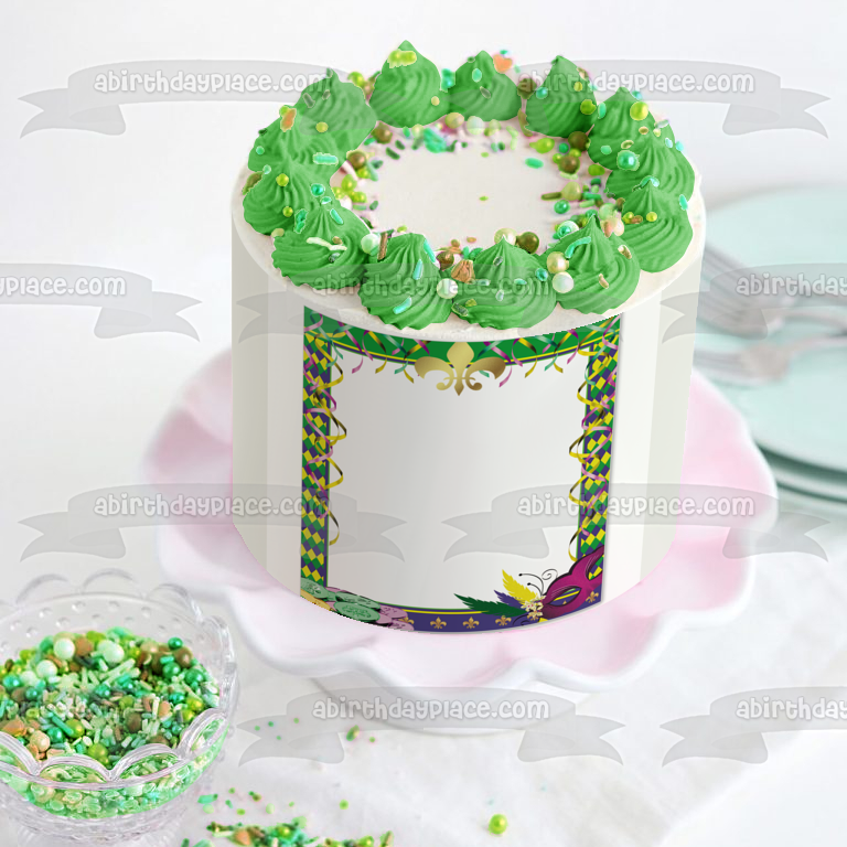 Marco de máscara colorida Happy Mardi Gras, adorno comestible para tarta, marco de imagen ABPID57010