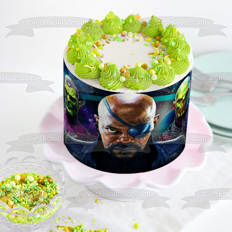 Secret Invasion Nick Fury Talos and Gravick In Outer Space Edible Cake Topper Image ABPID57034