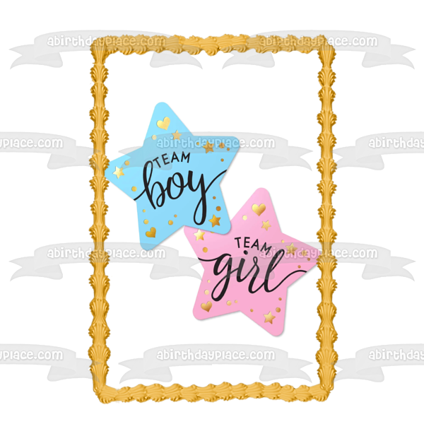 Gender Reveal Party Team Boy or Team Girl Stars and Hearts Edible Cake Topper Image ABPID57204