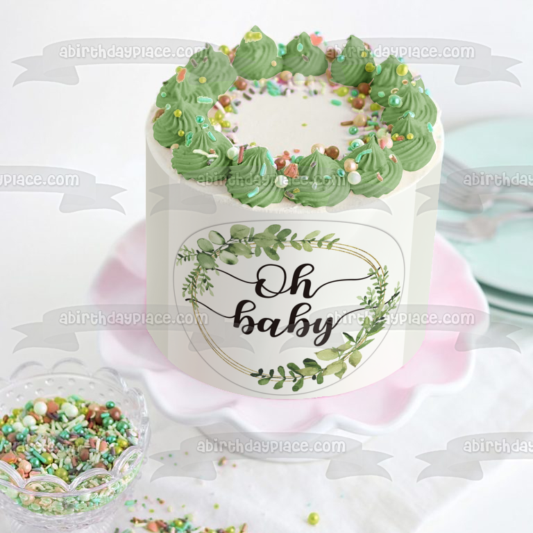 Decoración comestible para tarta con flores verdes de Baby Shower Oh Baby, imagen ABPID57222