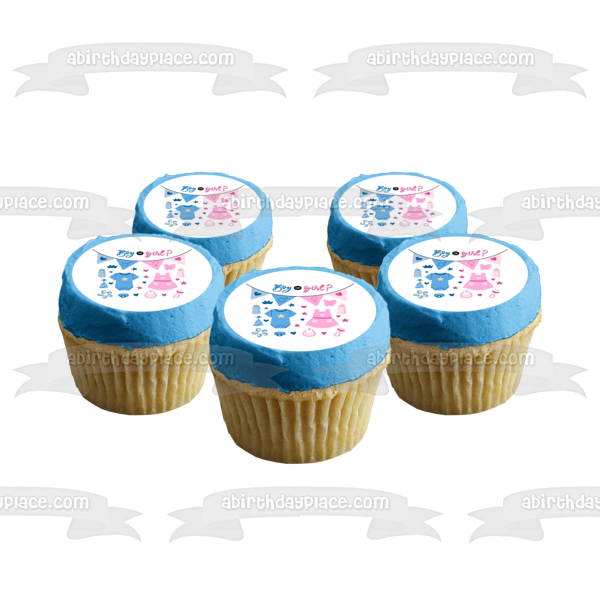 Gender Reveal Boy or Girl? Pacifiers Baby Bottles Baby Outfits Edible Cake Topper Image ABPID57226