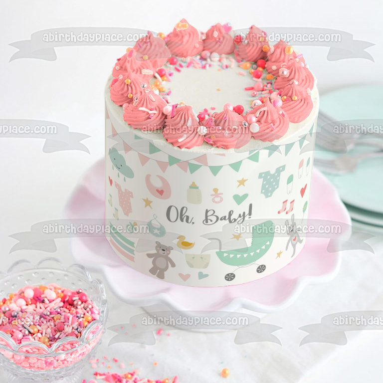 Gender Neutral Baby Shower Oh Baby! Stroller Bibs Socks and Onsies Edible Cake Topper Image ABPID57230