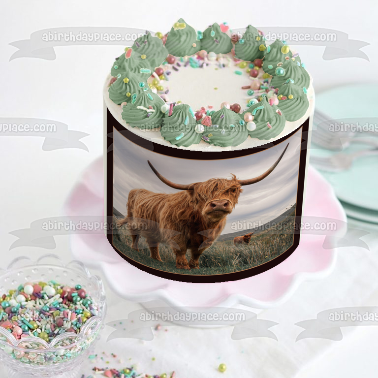 Highland Cow Windblown Edible Cake Topper Image ABPID57438