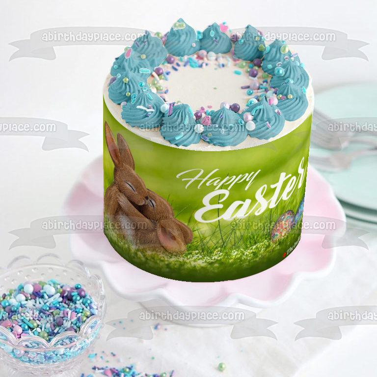 Happy Easter Colorful Easter Eggs and Bunnies Hugging Edible Cake Topper Image ABPID57449