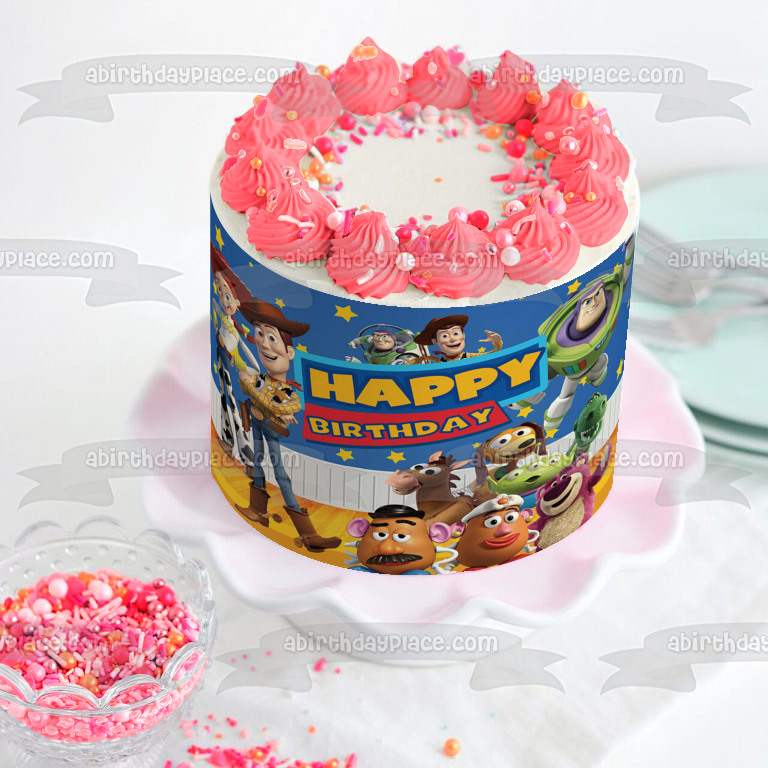 Happy Birthday Toy Story Characters Woody Buzz Lightyear Jessie Mr. Potato Head and Mrs. Potato Head Edible Cake Topper Image ABPID57491