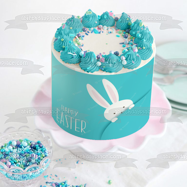 Imagen comestible para tarta con conejito blanco de Pascua feliz ABPID57463