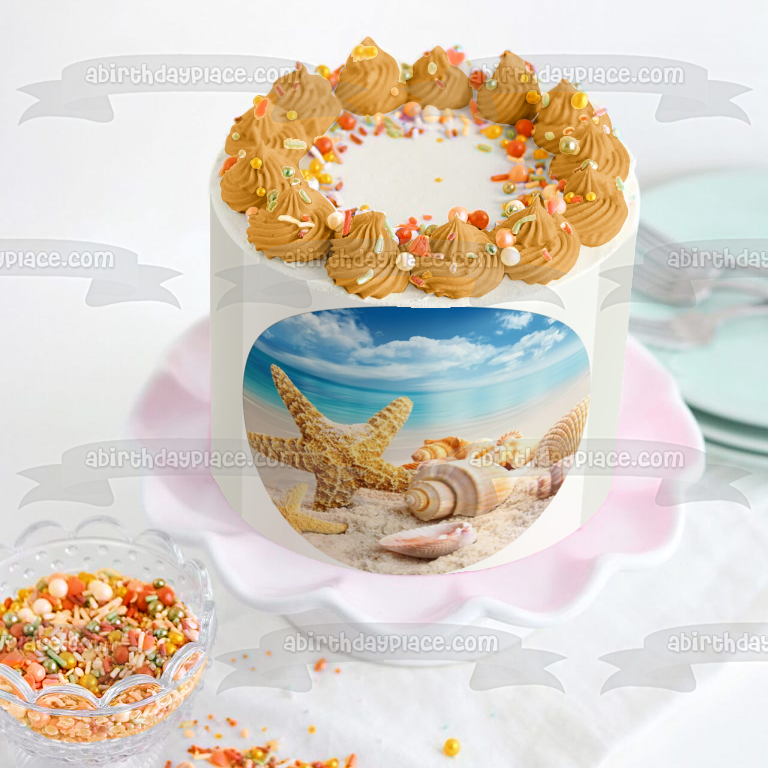 Paradise Beach Starfish Seashells Edible Cake Topper Image ABPID57506