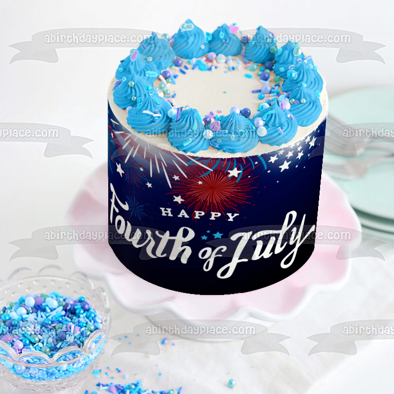 Happy Fourth of July Stars and Fireworks Edible Cake Topper Image ABPID57708