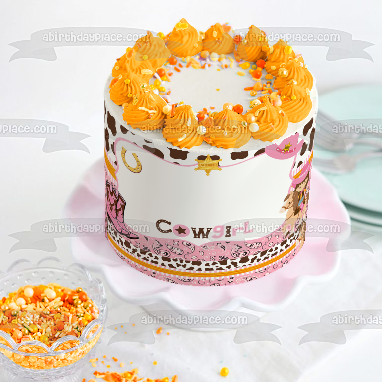 Cowgirl Pink Paisley Brown Cow Pattern Edible Cake Topper Image ABPID57728