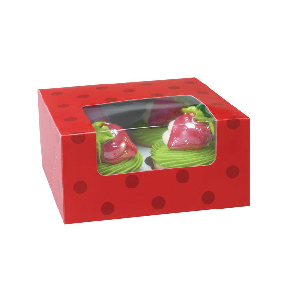 Red and Dots 4 Count Cupcake Cake Box With Window