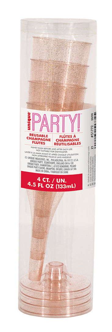 Pink & Gold Glitter Plastic Champagne Flutes, 4ct