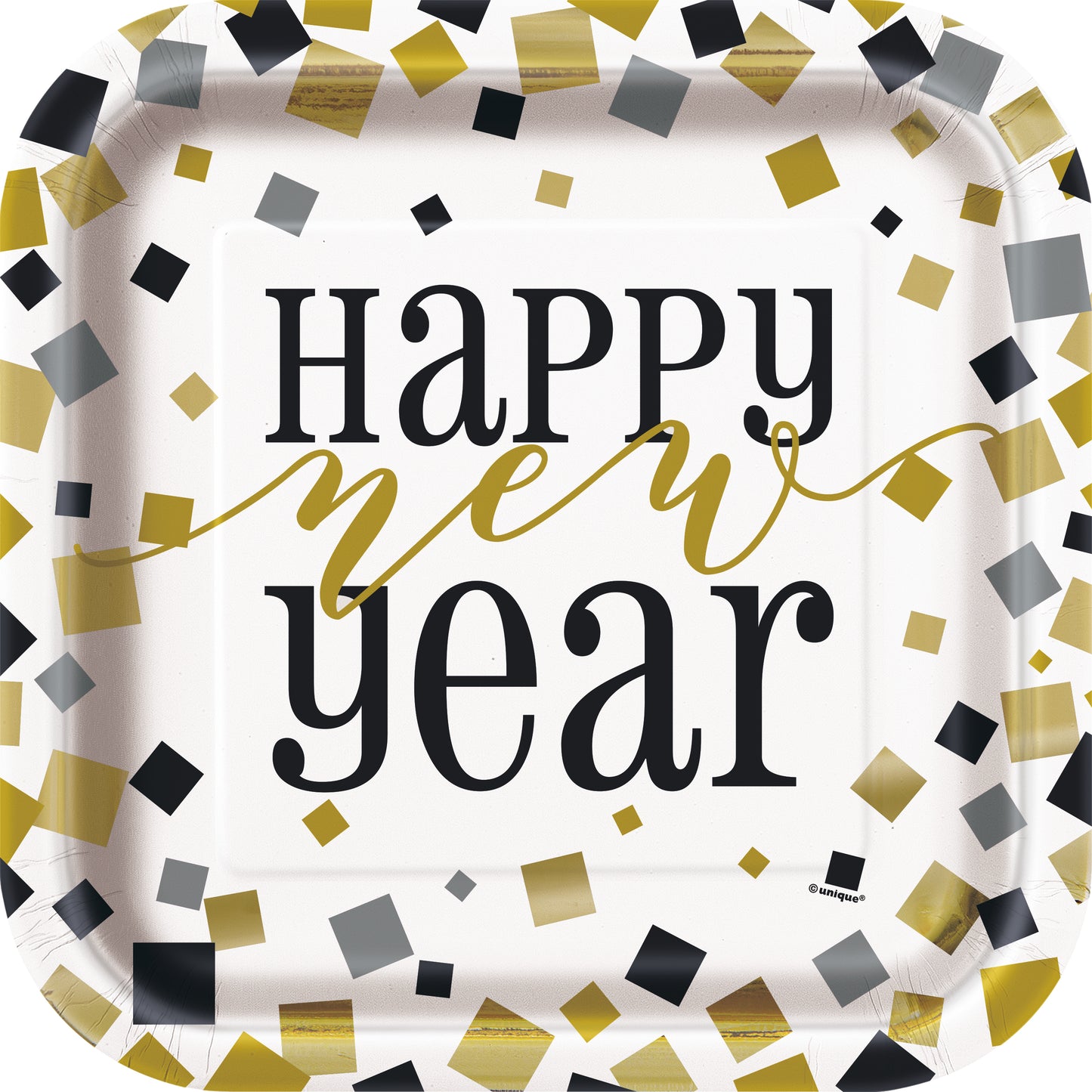 Black, Gold & Silver New Year Square 9" Dinner Plates, 8ct