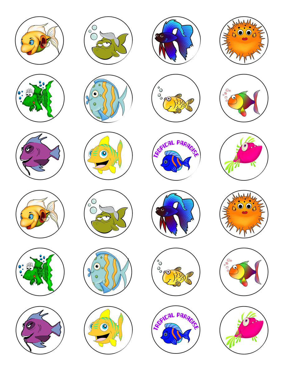 Tropical Fish Puffer Fish and Rainbow Fish Edible Cupcake Topper Image
