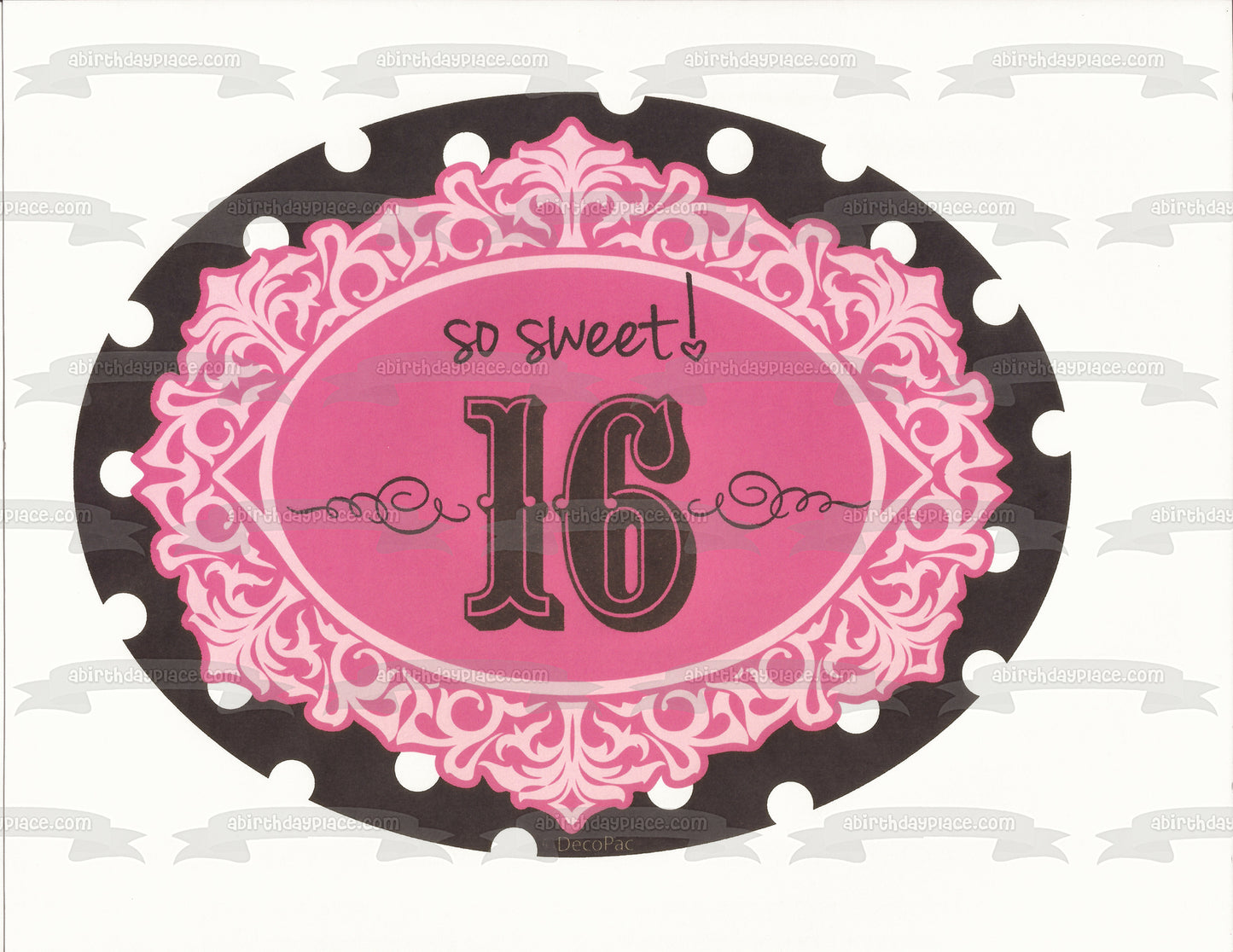 Sweet 16 Birthday so Sweet Pink Black and White Polka Dots Edible Cake Topper Image ABPID07270