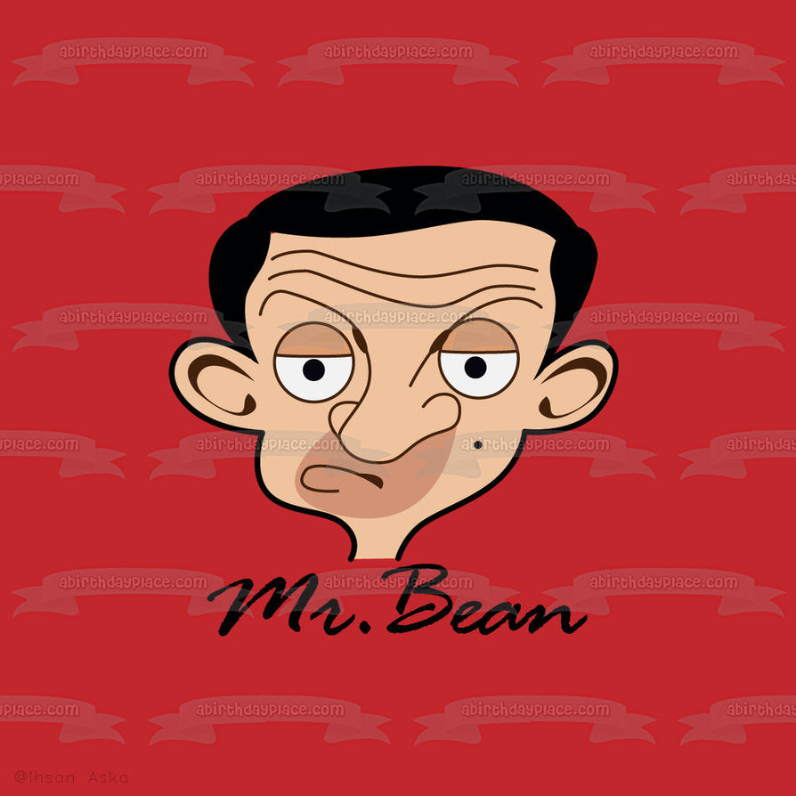 Imagen de decoración comestible para tarta con fondo rojo de la cara de dibujos animados de Mr. Bean ABPID12975