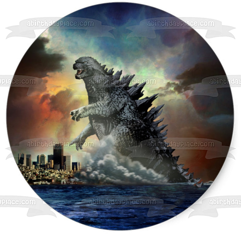 Godzilla de pie sobre los edificios de la ciudad, cielo oscuro, lago, decoración comestible para tarta, imagen ABPID27301
