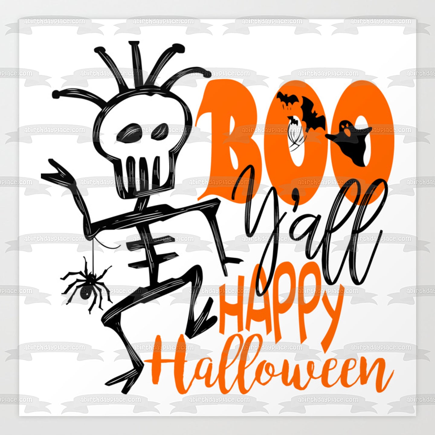Boo Ya'll Happy Halloween Skeleton Spider Ghosts Bats Edible Cake Topper Image ABPID52690
