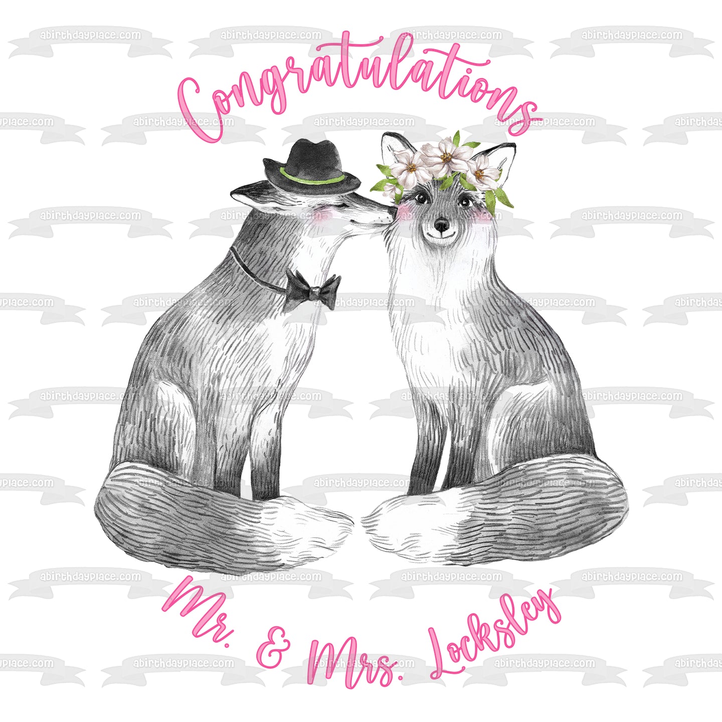 Woodland Love Foxes with Flowers Edible Cake Topper Image ABPID54608