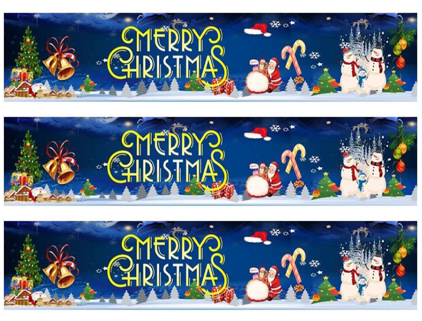 Merry Christmas Snowman St. Nick Santa Claus Christmas Tree Snowy Hills Edible Cake Topper Image Strips ABPID55181