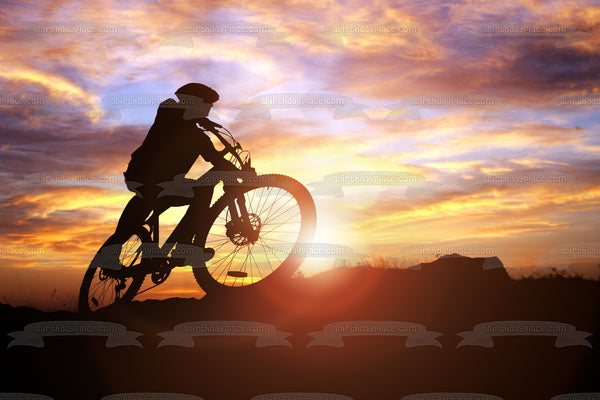Mountain Biking Bike at Sunset Silhouette Edible Cake Topper Image ABPID55930