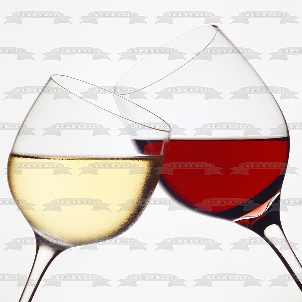 Cheers White Wine and Red Wine In Glasses Edible Cake Topper Image