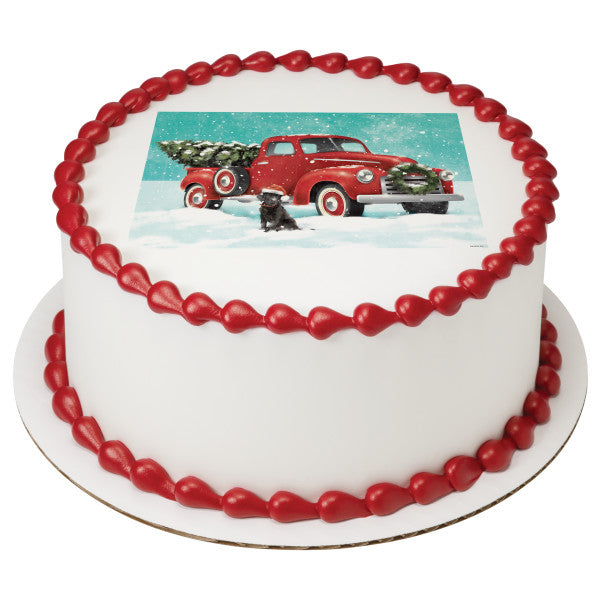 Classic Red Truck with Tree Edible Cake Topper Image