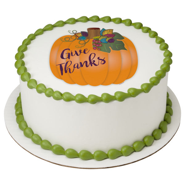 Imagen de decoración comestible para tarta de calabaza con texto en inglés "Dar gracias"