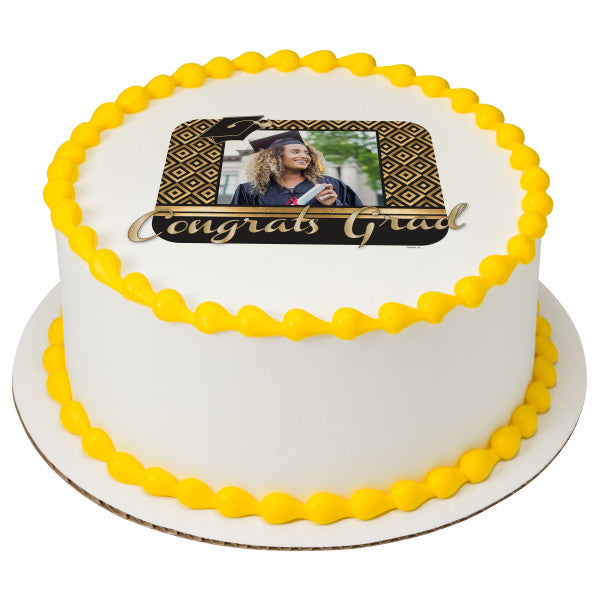 Felicitaciones Grad Gold Squares Marco de imagen comestible para decoración de tartas