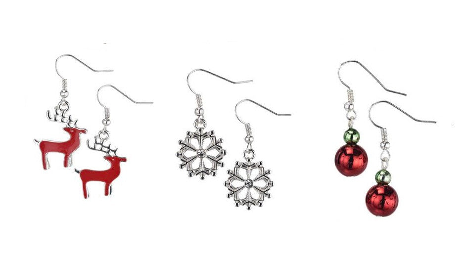 Reindeer, Snowflakes, and Red Balls Assortment Earrings