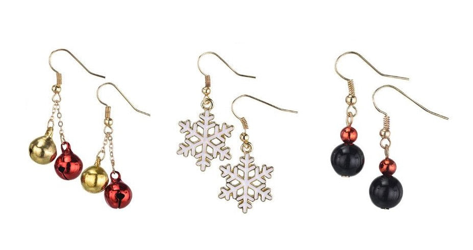 Snowflake, Red/Gold Balls, and Black Balls Assortment Earrings