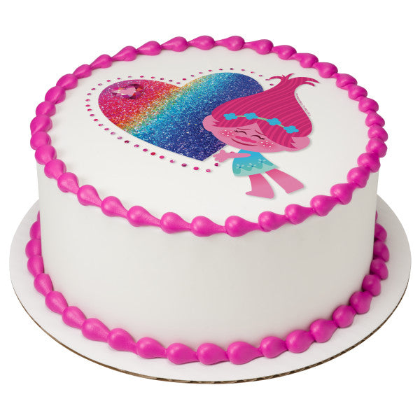 Imagen comestible para decoración de tarta con corazones brillantes de Trolls de DreamWorks